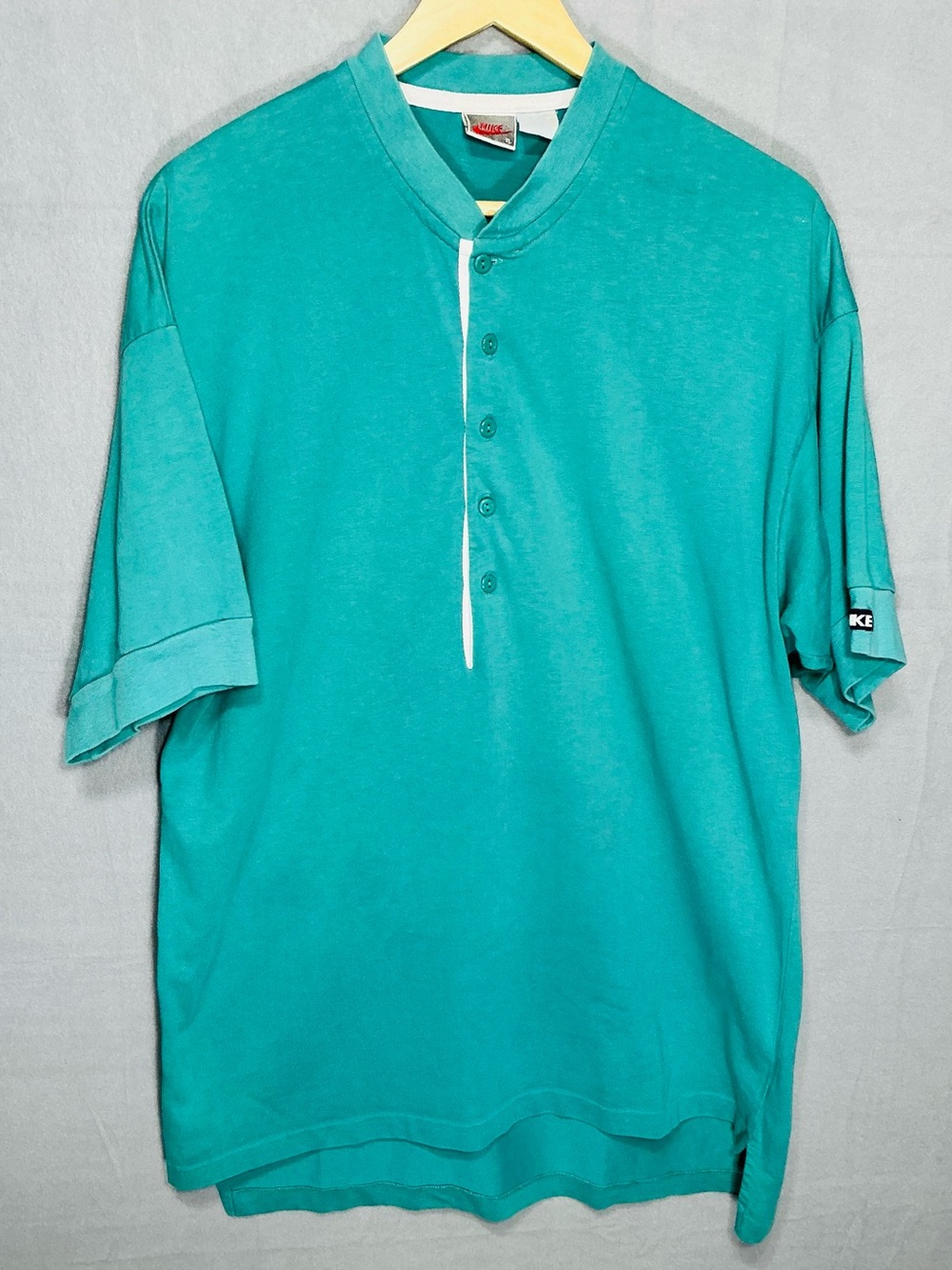 Vintage 90s Nike Gray Tag Henley Shirt XL Teal Green Short Sleeve Made in USA